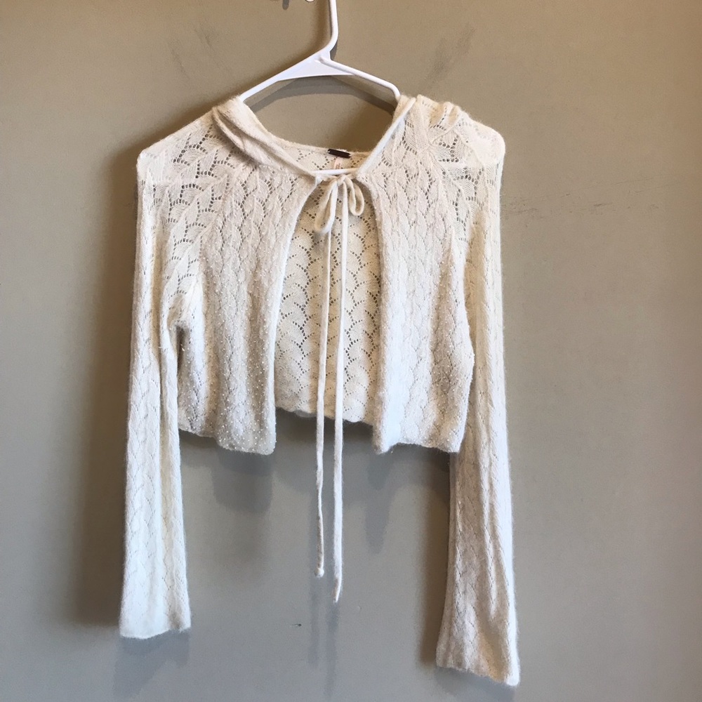 Free People Angora Tie Front Beaded Hooded Shrug Sweater Rabbit Hair